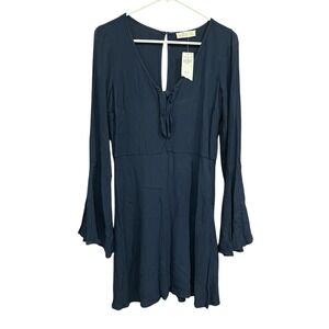 Hollister Mini Dress Tie Front‎ Long Bell Sleeve Casual Navy Blue Size M